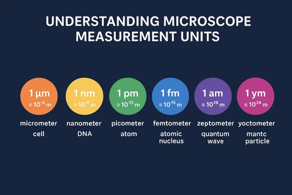 Infographic showing microscopic measurement units from micrometer to yoctometer with scientific examples and values